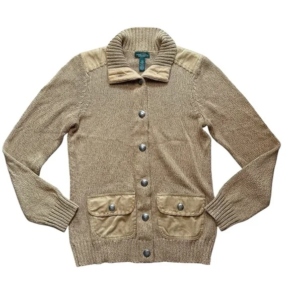 Lauren Jeans Co. Ralph Lauren Yellow Tan Knit Cardigan Sweater L - Picture 2 of 7
